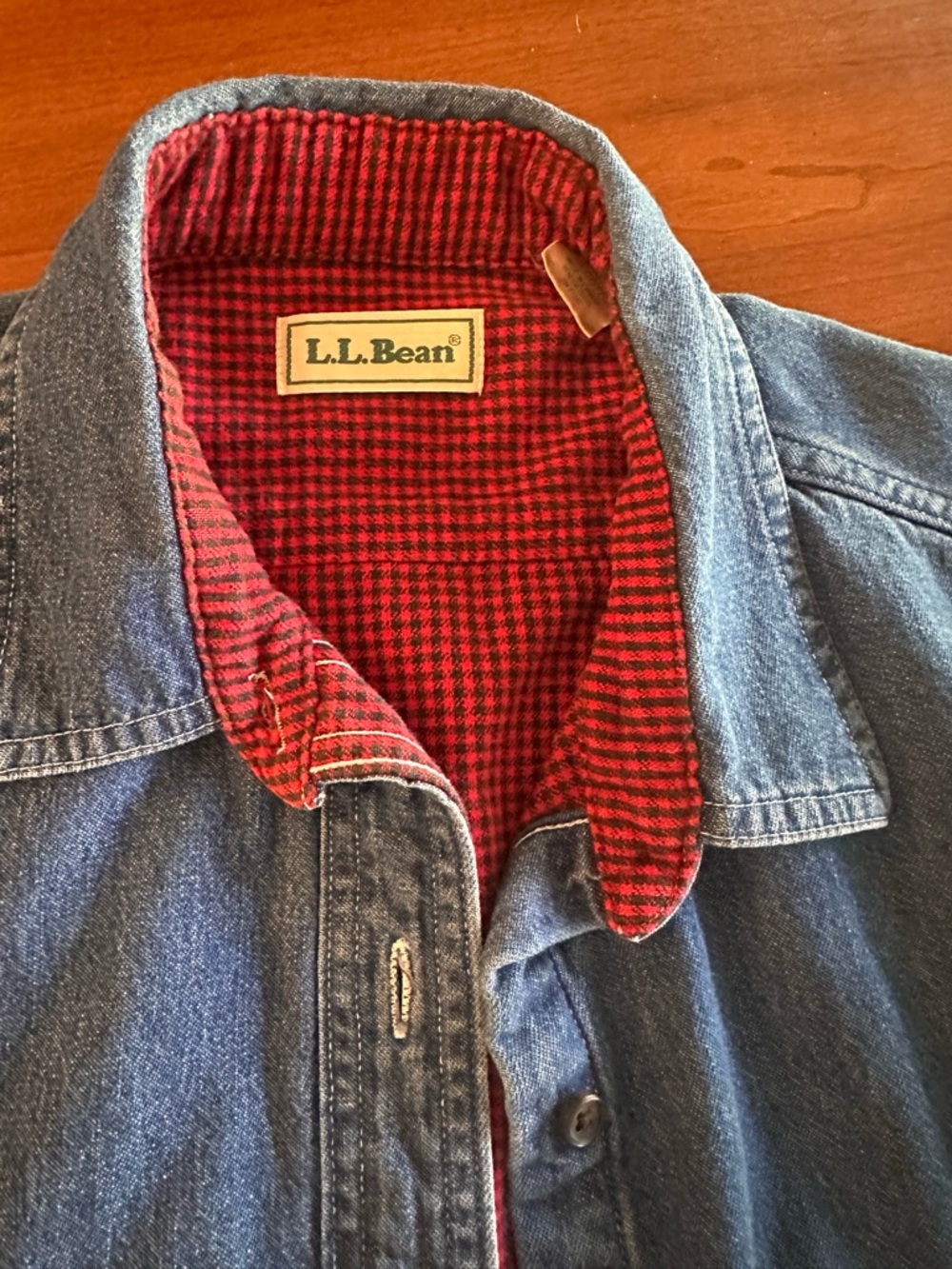 Vintage L.L. Bean Blue Denim Shirt Jacket with Red Check Flannel Lining Large - Picture 3 of 6